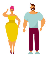 Man and woman, cute characters stand with smiles isolated on white. Vector cartoon illustration flat design.