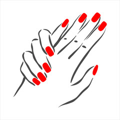 Vector hand drawn illustration of manicure and nail polish on woman hands - obrazy, fototapety, plakaty
