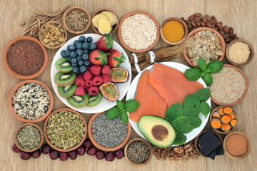 Health food selection with herbal medicine to relieve anxiety and stress that also help relaxation, depression and reduce chronic fatigue. High in omega 3, antioxidants, minerals and vitamins. 
