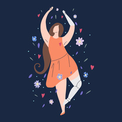 Beautiful girl dancing in flowers with prosthetic arm and leg on dark background. Modern flat illustration of a strong self sufficient woman for postcards and banners. Self love and body positive