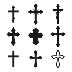 Christian cross vector black silhouette set isolated on a white background.