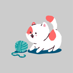 Funny cartoon cat playing with ball of thread. Vector pet character isolated on background.