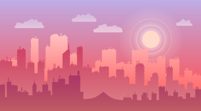 Evening city panorama vector flat illustration, cityscape on a sunset