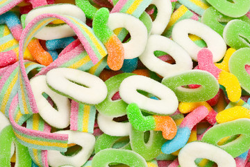 Assorted gummy candies. Top view. Jelly  sweets.