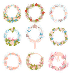 Set of wall wreaths with a nautical theme. Vector illustration.