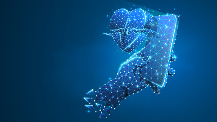 Phone in a hand with Heart pulse line symbol. Polygonal Internet treatment, mobile healthcare concept. Abstract, digital, wireframe low poly mesh Raster blue neon 3d illustration. Triangle line dot