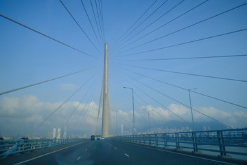 Obraz premium Abstract view of Bridge building architecture landmark with blue sky and cloud