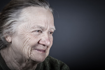 Portrait of elderly woman. Laugh. Toned
