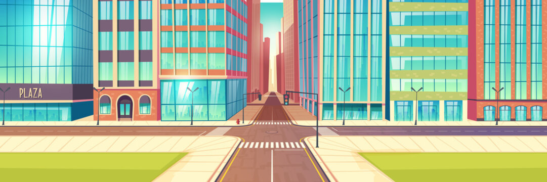 Modern city crossroads, streets crossing cartoon vector with two-lane road, traffic lights, sidewalks, green lawns near skyscrapers buildings with stores glass showcases illustration. Urban cityscape
