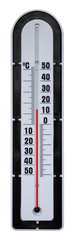 Isolated celsius outdoor thermometer. White vertical air thermometer with red indicator liquid and black centigrade scale.