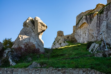 Ruins of Pietrapertosa castle. Dolomites of Basilicata mountains called Dolomiti Lucane. Basilicata region, Italy