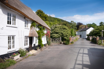 Fototapeta na wymiar Devon village street, pretty thatched cottage