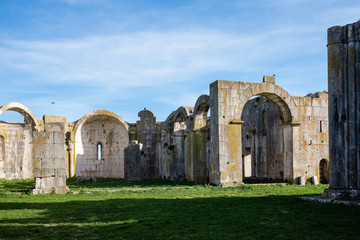 Abbey of the Most Holy Trinity in Venosa. Interior view of unfinished church called Incompiuta. Basilicata region, Italy