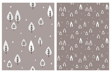 Set of Abstract Tree Vector Seamless Patterns.White and Gray Trees Isolated on a Brown Background. White Star Among Trees.Simple Infantile Woodland Illustrations for Fabric, Card, Wrapping Paper.