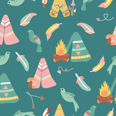 Bohemian tents and birds, in a seamless pattern design
