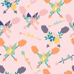 Boho arrows, words and flowers, in a seamless pattern design