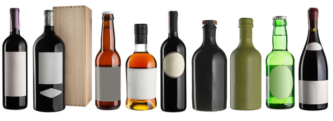 Set of alcohol drinks bottles isolated on white.