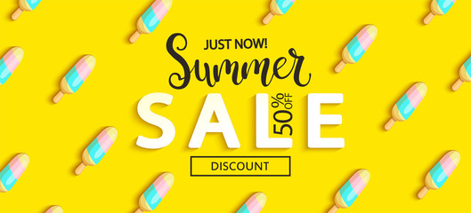 Summer Sale ice cream banner on yellow background, hot end or mid season 50 percent discount poster.Invitation for shopping, special offer card, template design for promotions. Vector illustration.