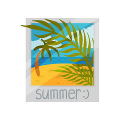Branch with thin long leaves and a palm tree on the beach. Vector illustration on white background.