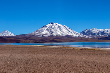 Highland lakes Miscanti and Miniques, hidden among volcanoes in Los Flamencos National Reserve, Atacama desert, Chile, South America