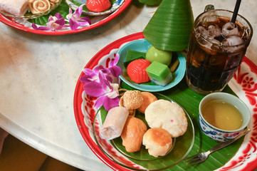 Varieties of Phuket local dessert with tea and coffee, Thailand 