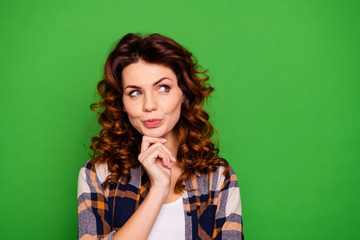 Fototapeta premium Close up photo of charming intelligent inspired lady youth choose decide solve have options touch chin hands thoughts look pretty cute wear plaid clothing isolated on bright background