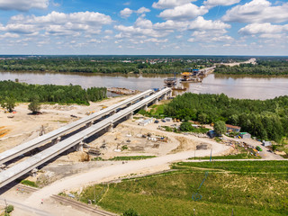 Aerial view of South Bridge construction site over Vistula river, Warsaw