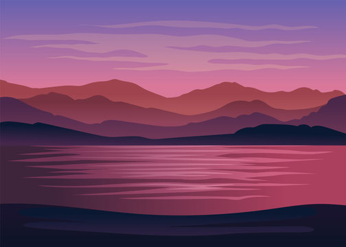 Purple sea on the background of mountains. Vector illustration on white background.