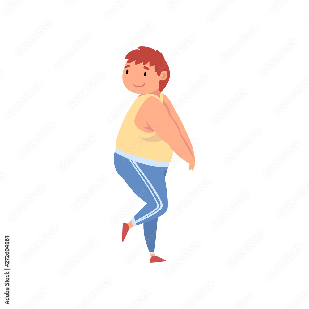 Sticker Fat Boy, Cute Overweight Child Character in Sports Uniform Vector Illustration