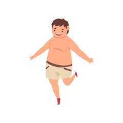 Happy Fat Boy Wearing Shorts, Cute Overweight Child Character with Bare Chest Vector Illustration