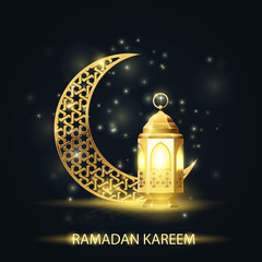 Obraz na płótnie Canvas Islamic crescent and lantern covered with arabic pattern - Ramadan Kareem greetings