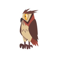 Eagle Owl Bird Character with Brown Plumage, Side View Vector Illustration