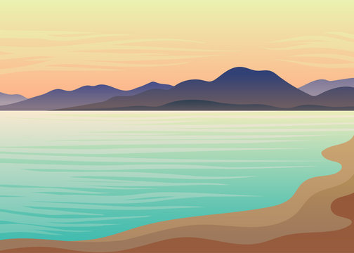 Blue sea and silhouet hills. Vector illustration on white background.