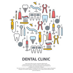 Dentist concept in circle with thin line icons of tooth, implant, dental floss, crown, toothpaste, medical equipment. Modern vector illustration for banner, web page, print media.