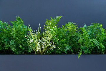 Green and white artificial flowers on grey background with space