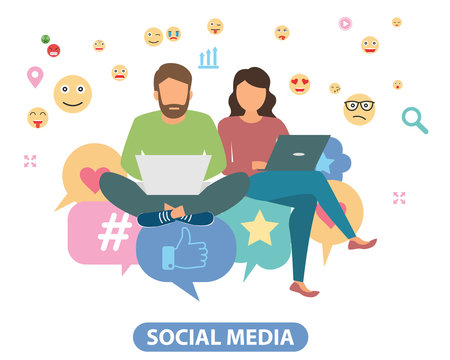 Vector illustration concept of social media. Creative flat design for web banner, marketing material, business presentation, online advertising.