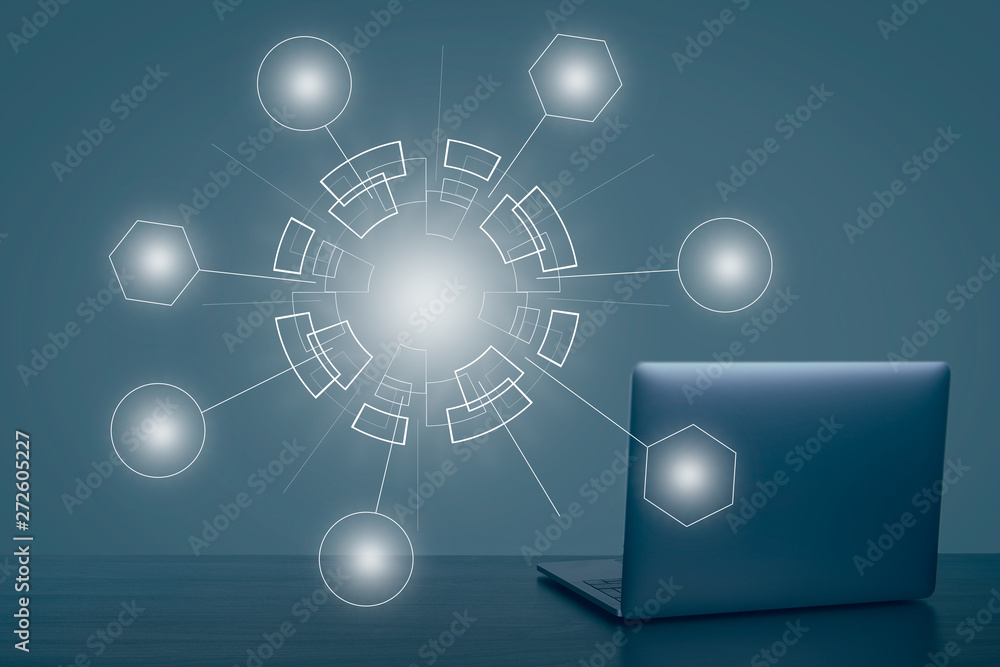 Wall mural abstract technology web background. global network connection. laptop on wooden table and white empt