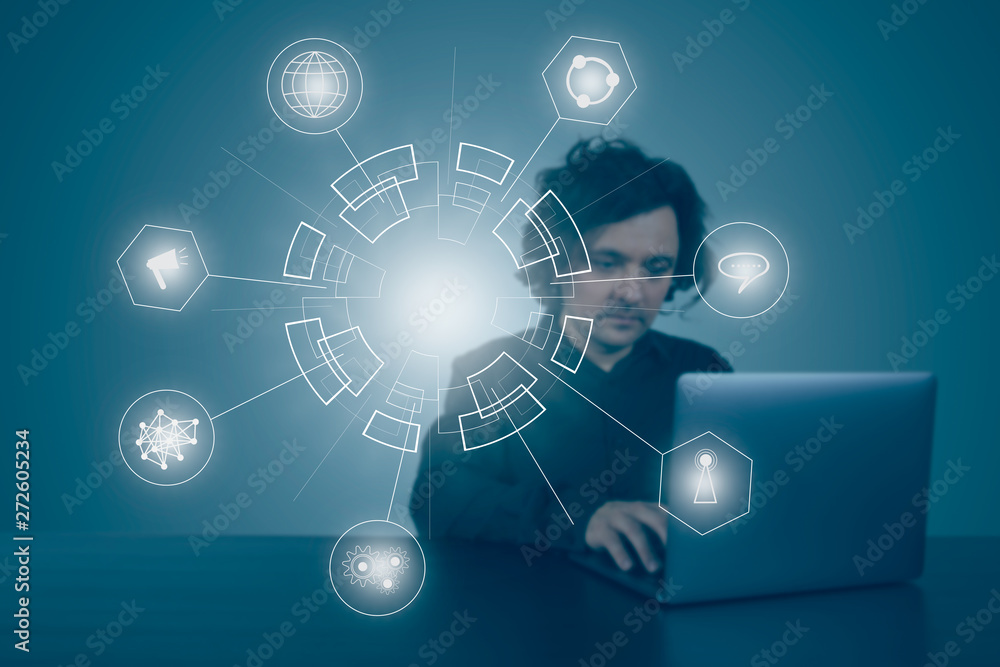 Sticker abstract technology web background. global network connection. businessman working on laptop at offi
