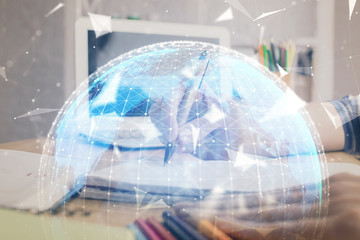 International business hud over woman's hands writing background. Concept of hard work. Double...