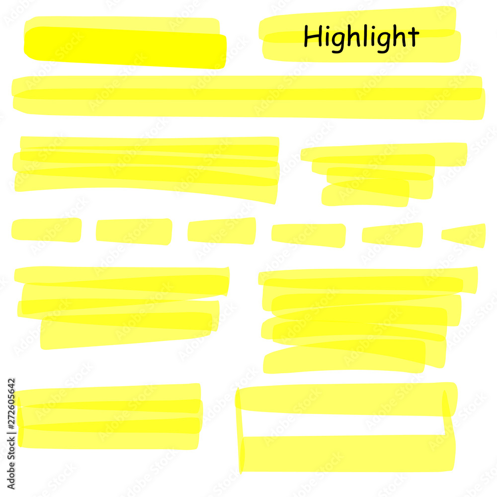 Poster hand drawn highlight marker lines set. highlighter yellow strokes vector isolated on white backgroun