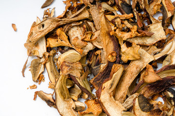 Top view of dried mushrooms on clean white background with space
