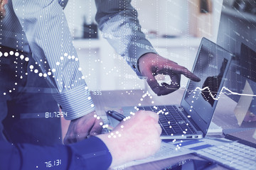 Multi exposure of tech drawings with man working on computer background. Concept of innovation.