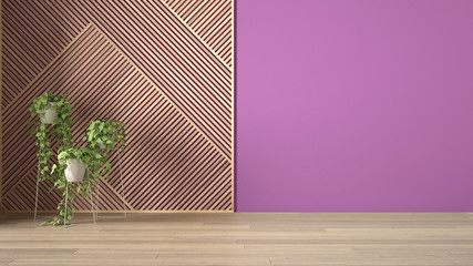 Empty room with wooden panel and potted plant, parquet floor. Purple wall background with copy space. Interior design concept idea, modern architecture template