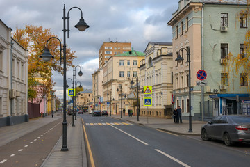 MOSCOW - OCTOBER 27, 2018: View on Pyatnitskaya street in the city center on an autumn morning