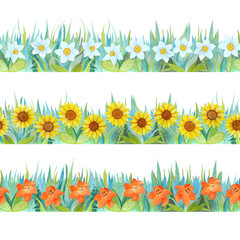 Colorful floral seamless borders. Bright background - grass and flowers.