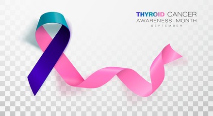 Thyroid Cancer Awareness Month. Teal and Pink and Blue Color Ribbon Isolated On Transparent Background. Vector Design Template For Poster.