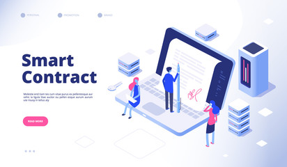 Smart contract. Digital signature electronic document smart contracts protocol facilitator cryptography agreement vector concept. Digital signature contract agreement, business smart illustration - obrazy, fototapety, plakaty