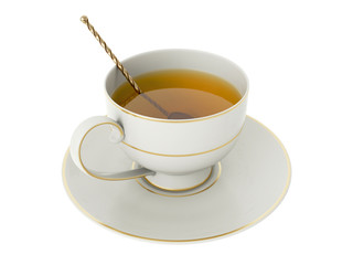 Antique white porcelain cup with tea, gold tea spoon on white. 3D Illustration