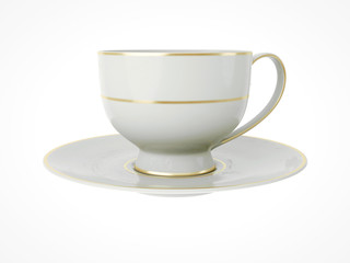 Isolated antique porcelain cup with gold on white background. 3D Illustration