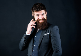Mobile negotiations. Businessman well groomed mature man hold smartphone. Man formal suit call...